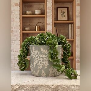 Small 5 Inch Gray and Beige Ceramic Barrel Planter - Indoor Outdoor Decorative